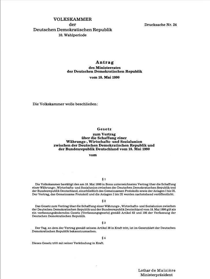 Vorschaubild Antrag Ministerrat Schaffung Währung-, Wirtschafts- und Sozialunion Quelle: Volkskammer der DDR, Drucksache Nr. 24