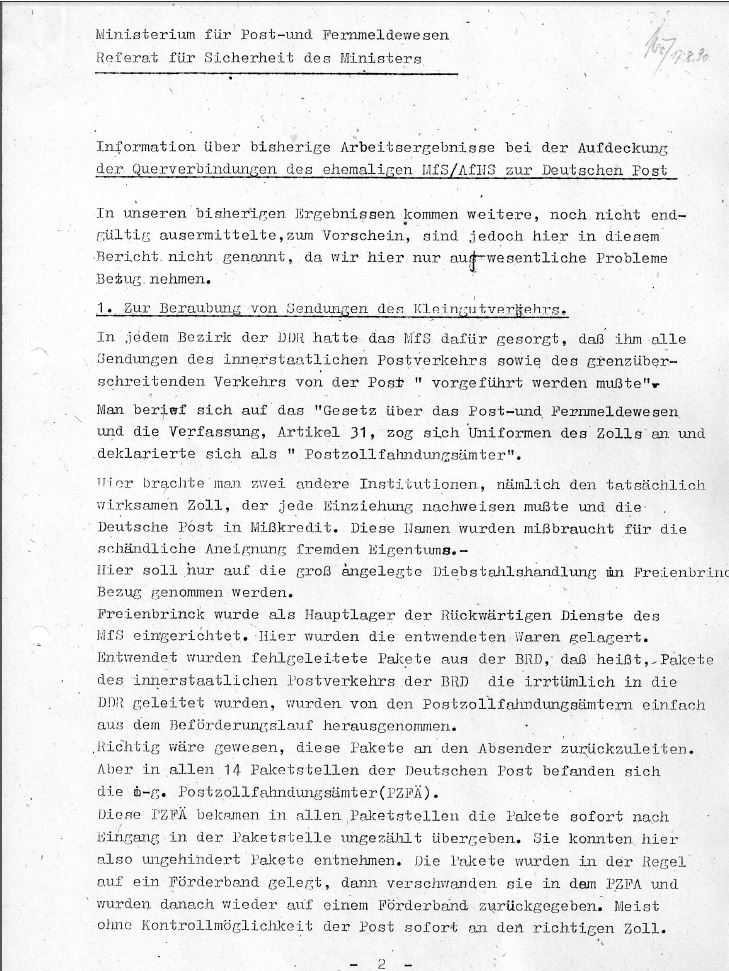Gutachten des Referats für Sicherheit des Ministers zur Verstrickung von MfS und dem Post- und Fernmeldewesen der DDR vom August 1990.