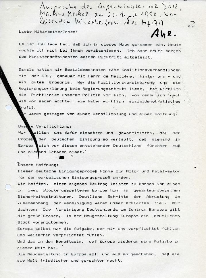 Rücktrittsansprache Vorlass und Meckel. Quelle: StAufarb, Depositum Markus Meckel, Nr. 624, 3 S.